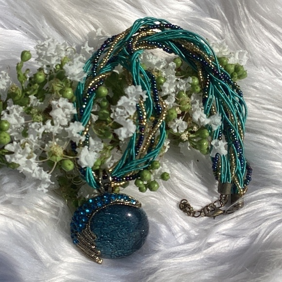 Bohemian Twist Beaded Fabric Blue Rhinestone Orb Pendant Necklace - Picture 4 of 9